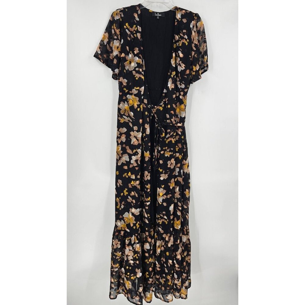 Lulu's Lean On Me Black Mutli Print Wrap Maxi Dress Sz M Abstract Yellow Print